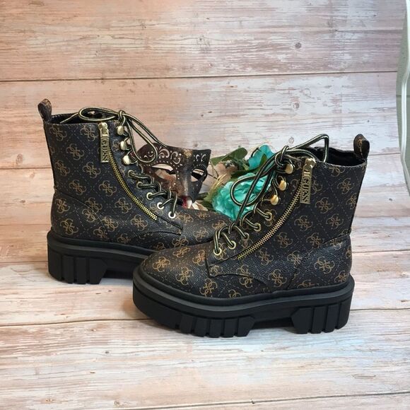 Guess Black/Gold Ferina Combat Lace up Boots - Picture 7 of 8